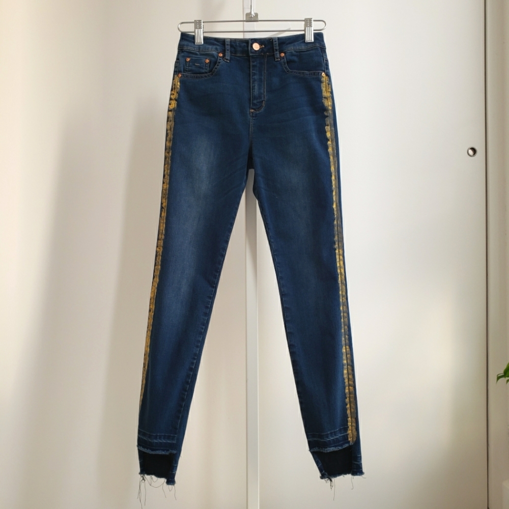 Women High Rise Fall Skinny Jeans Gold Side Stripe Size 26 Blue